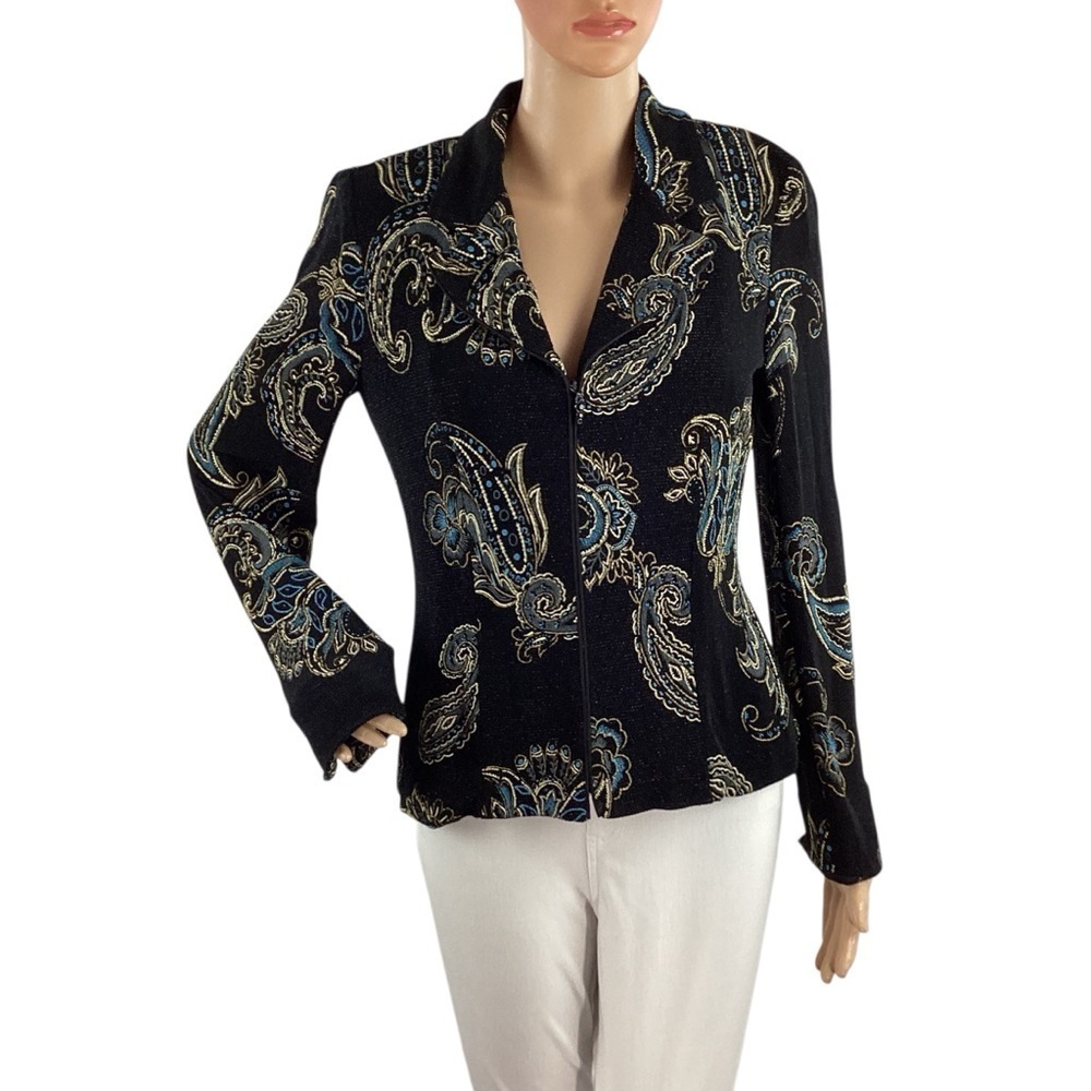 Alex Evenings Black Metallic Paisley Zip Jacket Sparkle Small